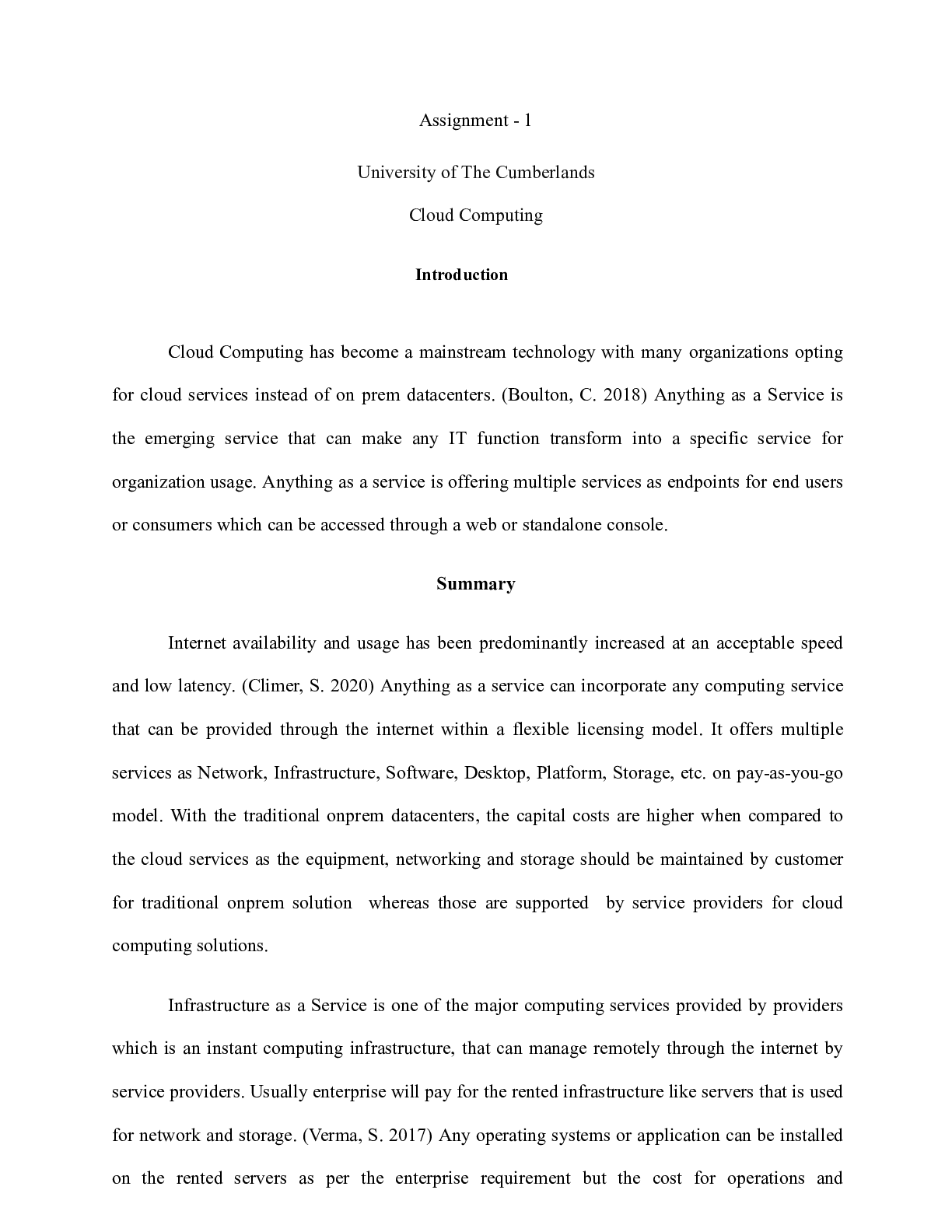 Preview image of Assignment.docx    Assignment - 1  University of The Cumberlands Cloud Computing  Introduc document